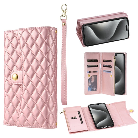 For iPhone 14 Pro Zipper Multi-Card Wallet Rhombic Leather Phone Case(Rose Gold) - iPhone 14 Pro Cases by buy2fix | Online Shopping UK | buy2fix