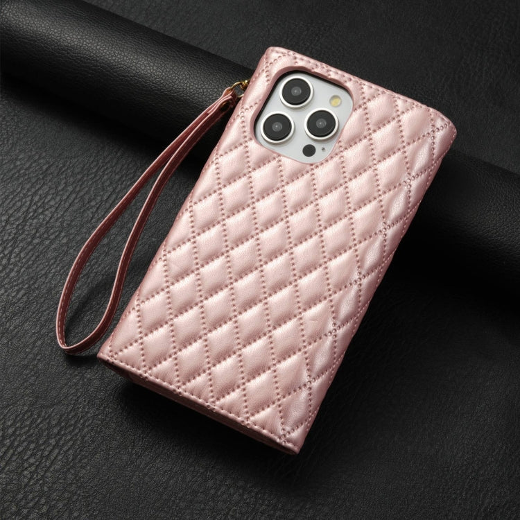 For iPhone 14 Pro Zipper Multi-Card Wallet Rhombic Leather Phone Case(Rose Gold) - iPhone 14 Pro Cases by buy2fix | Online Shopping UK | buy2fix
