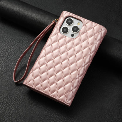For iPhone 14 Pro Zipper Multi-Card Wallet Rhombic Leather Phone Case(Rose Gold) - iPhone 14 Pro Cases by buy2fix | Online Shopping UK | buy2fix