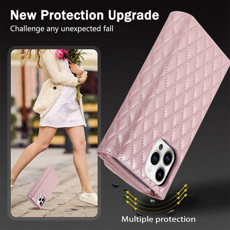 For iPhone 14 Pro Zipper Multi-Card Wallet Rhombic Leather Phone Case(Rose Gold) - iPhone 14 Pro Cases by buy2fix | Online Shopping UK | buy2fix