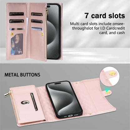 For iPhone 14 Pro Zipper Multi-Card Wallet Rhombic Leather Phone Case(Rose Gold) - iPhone 14 Pro Cases by buy2fix | Online Shopping UK | buy2fix