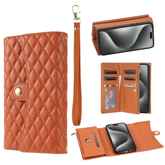 For iPhone 14 Pro Zipper Multi-Card Wallet Rhombic Leather Phone Case(Brown) - iPhone 14 Pro Cases by buy2fix | Online Shopping UK | buy2fix