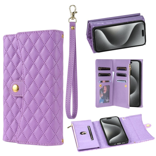 For iPhone 14 Pro Max Zipper Multi-Card Wallet Rhombic Leather Phone Case(Purple) - iPhone 14 Pro Max Cases by buy2fix | Online Shopping UK | buy2fix
