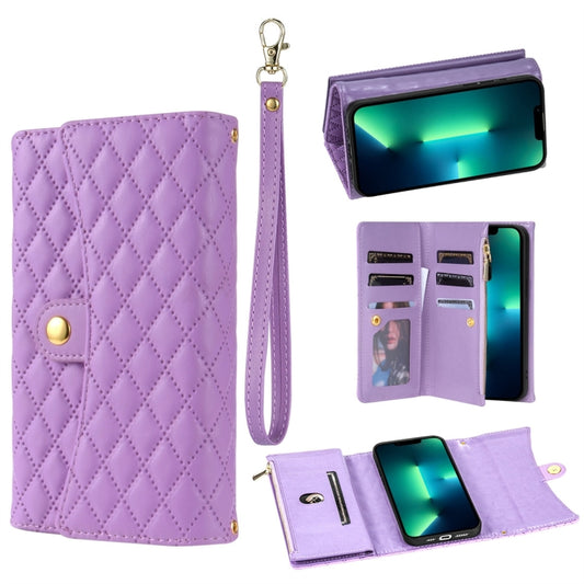 For iPhone 13 Pro Max Zipper Multi-Card Wallet Rhombic Leather Phone Case(Purple) - iPhone 13 Pro Max Cases by buy2fix | Online Shopping UK | buy2fix