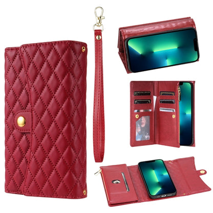 For iPhone 13 Pro Max Zipper Multi-Card Wallet Rhombic Leather Phone Case(Red) - iPhone 13 Pro Max Cases by buy2fix | Online Shopping UK | buy2fix