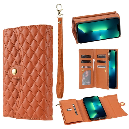 For iPhone 13 Pro Max Zipper Multi-Card Wallet Rhombic Leather Phone Case(Brown) - iPhone 13 Pro Max Cases by buy2fix | Online Shopping UK | buy2fix