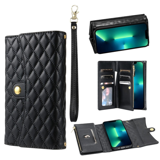 For iPhone 13 Pro Zipper Multi-Card Wallet Rhombic Leather Phone Case(Black) - iPhone 13 Pro Cases by buy2fix | Online Shopping UK | buy2fix