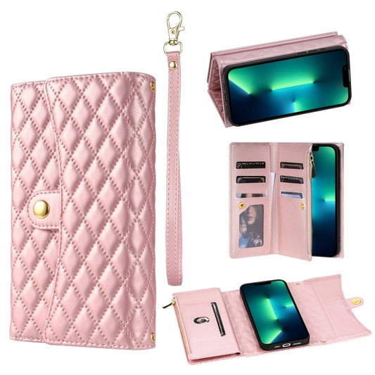 For iPhone 13 Pro Zipper Multi-Card Wallet Rhombic Leather Phone Case(Rose Gold) - iPhone 13 Pro Cases by buy2fix | Online Shopping UK | buy2fix