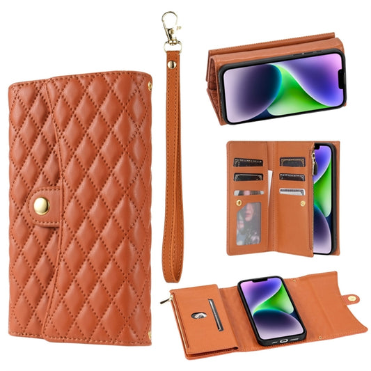 For iPhone 13 Zipper Multi-Card Wallet Rhombic Leather Phone Case(Brown) - iPhone 13 Cases by buy2fix | Online Shopping UK | buy2fix