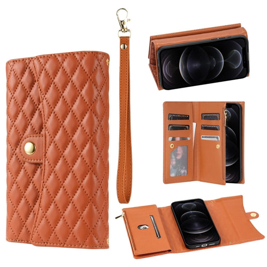For iPhone 12 Pro Max Zipper Multi-Card Wallet Rhombic Leather Phone Case(Brown) - iPhone 12 Pro Max Cases by buy2fix | Online Shopping UK | buy2fix