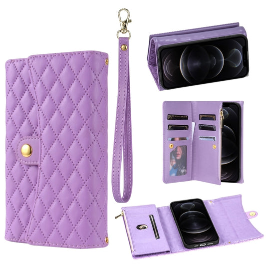 For iPhone 11 Pro Zipper Multi-Card Wallet Rhombic Leather Phone Case(Purple) - iPhone 11 Pro Cases by buy2fix | Online Shopping UK | buy2fix