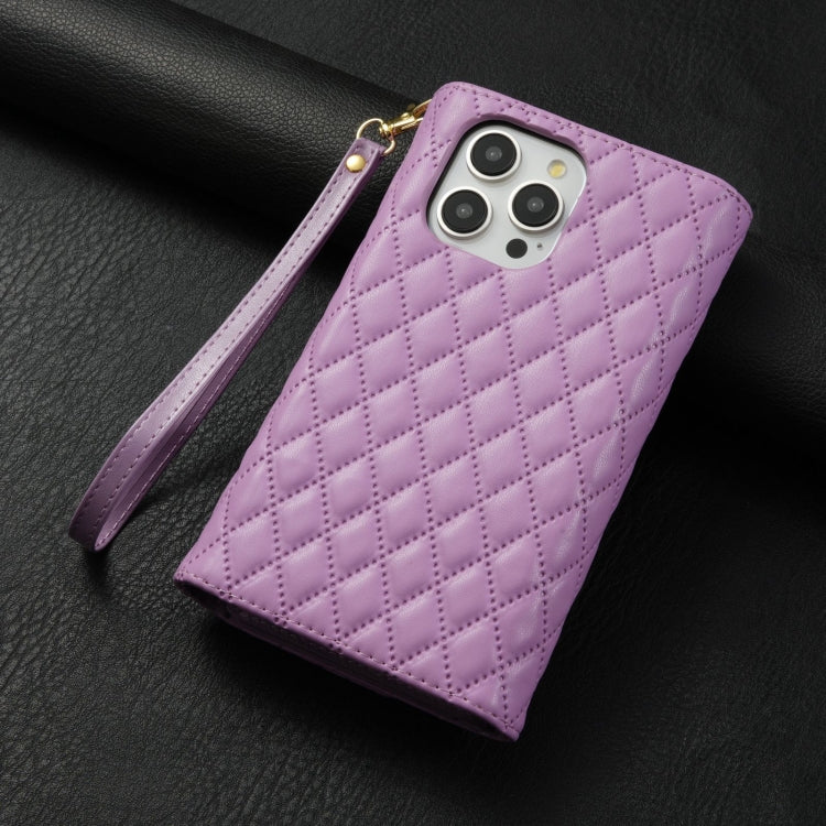 For iPhone 11 Pro Zipper Multi-Card Wallet Rhombic Leather Phone Case(Purple) - iPhone 11 Pro Cases by buy2fix | Online Shopping UK | buy2fix