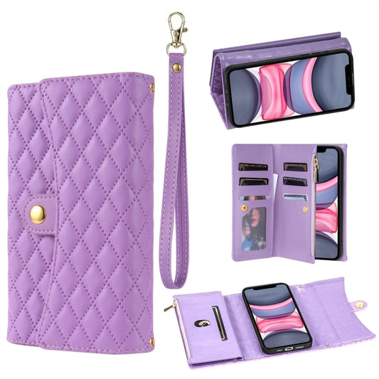 For iPhone 11 Zipper Multi-Card Wallet Rhombic Leather Phone Case(Purple) - iPhone 11 Cases by buy2fix | Online Shopping UK | buy2fix