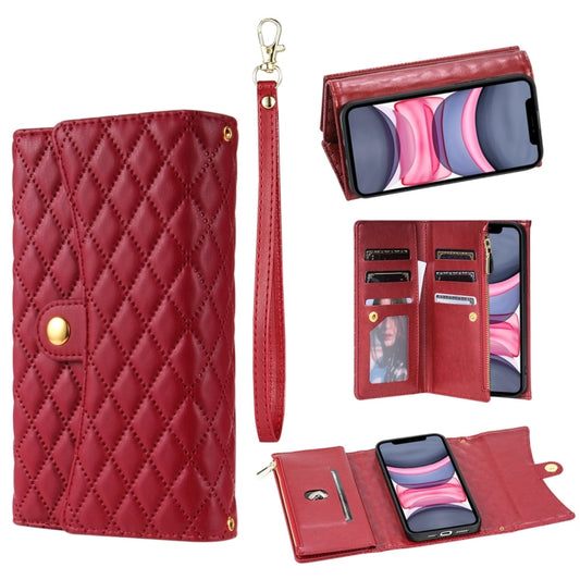 For iPhone 11 Zipper Multi-Card Wallet Rhombic Leather Phone Case(Red) - iPhone 11 Cases by buy2fix | Online Shopping UK | buy2fix