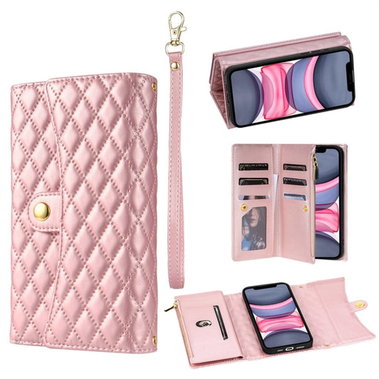 For iPhone 11 Zipper Multi-Card Wallet Rhombic Leather Phone Case(Rose Gold) - iPhone 11 Cases by buy2fix | Online Shopping UK | buy2fix