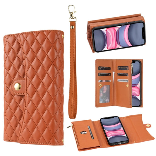 For iPhone 11 Zipper Multi-Card Wallet Rhombic Leather Phone Case(Brown) - iPhone 11 Cases by buy2fix | Online Shopping UK | buy2fix