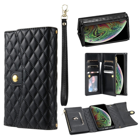 For iPhone X / XS Zipper Multi-Card Wallet Rhombic Leather Phone Case(Black) - More iPhone Cases by buy2fix | Online Shopping UK | buy2fix