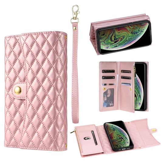 For iPhone X / XS Zipper Multi-Card Wallet Rhombic Leather Phone Case(Rose Gold) - More iPhone Cases by buy2fix | Online Shopping UK | buy2fix
