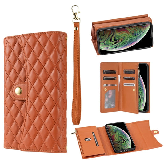 For iPhone XS Max Zipper Multi-Card Wallet Rhombic Leather Phone Case(Brown) - More iPhone Cases by buy2fix | Online Shopping UK | buy2fix