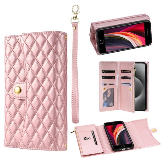 For iPhone 7 / 8 / SE 2022 Zipper Multi-Card Wallet Rhombic Leather Phone Case(Rose Gold) - iPhone SE 2022 / 2020 / 8 / 7 Cases by buy2fix | Online Shopping UK | buy2fix