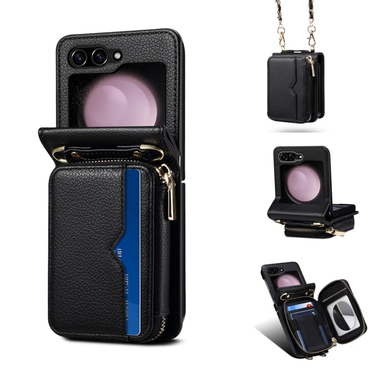 For Samsung Galaxy Z Flip5 Folding Leather Phone Case with Long Lanyard(Black) - Galaxy Z Flip5 Cases by buy2fix | Online Shopping UK | buy2fix