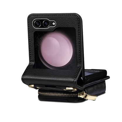 For Samsung Galaxy Z Flip5 Folding Leather Phone Case with Long Lanyard(Black) - Galaxy Z Flip5 Cases by buy2fix | Online Shopping UK | buy2fix