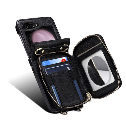 For Samsung Galaxy Z Flip5 Folding Leather Phone Case with Long Lanyard(Black) - Galaxy Z Flip5 Cases by buy2fix | Online Shopping UK | buy2fix