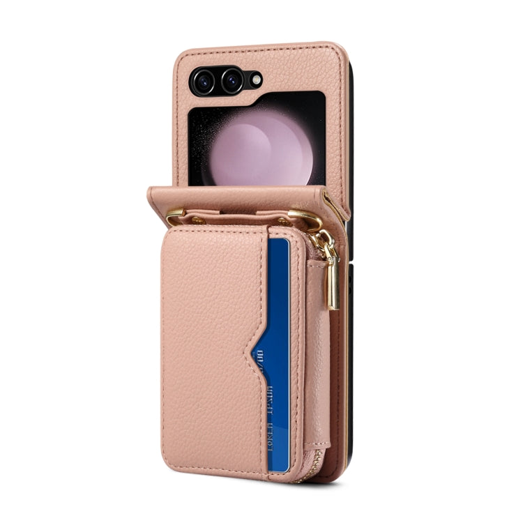 For Samsung Galaxy Z Flip5 Folding Leather Phone Case with Long Lanyard(Rose Gold) - Galaxy Z Flip5 Cases by buy2fix | Online Shopping UK | buy2fix