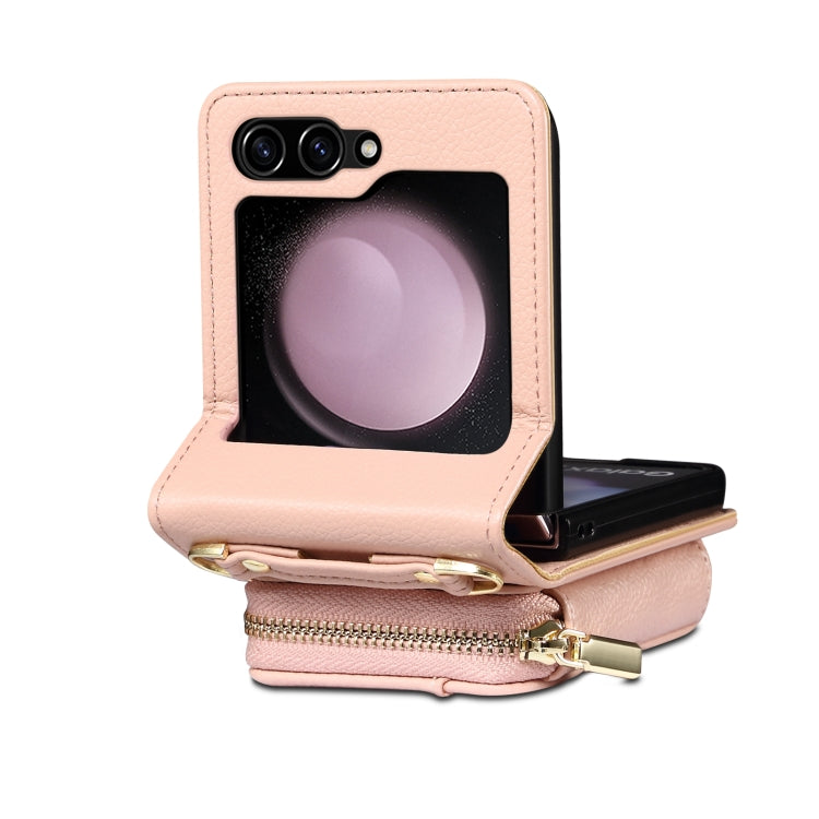 For Samsung Galaxy Z Flip5 Folding Leather Phone Case with Long Lanyard(Rose Gold) - Galaxy Z Flip5 Cases by buy2fix | Online Shopping UK | buy2fix