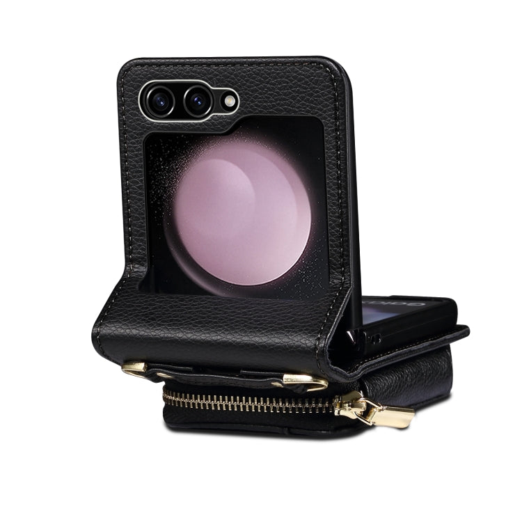 For Samsung Galaxy Z Flip3 Folding Leather Phone Case with Long Lanyard(Black) - Galaxy Phone Cases by buy2fix | Online Shopping UK | buy2fix