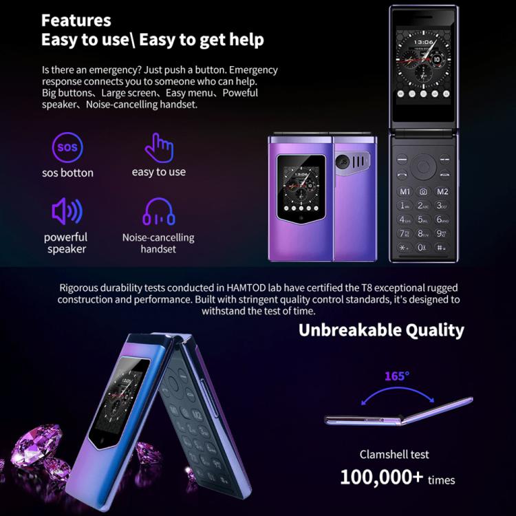 HAMTOD T8 4G Flip Phone, EU Version, 2.8 inch + 1.77 inch, VoLTE, BT, SOS, OTG(Black) - Other by HAMTOD | Online Shopping UK | buy2fix