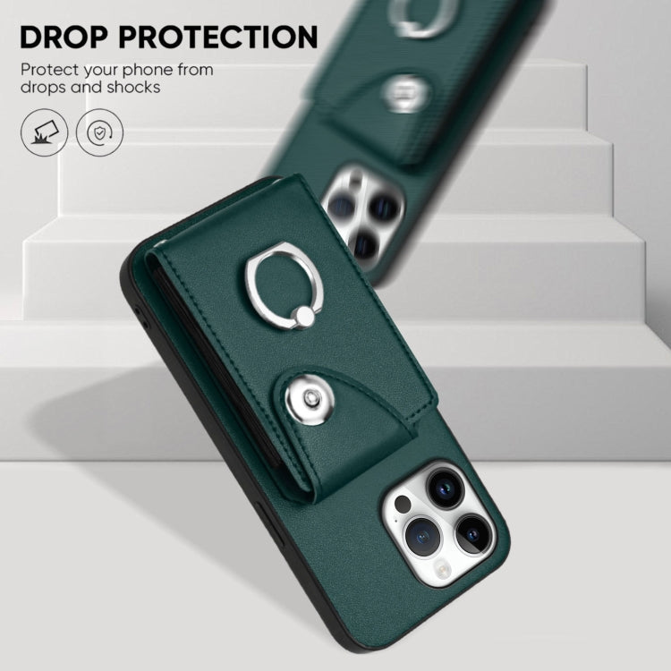 For iPhone 16 Pro Max Organ Card Bag Ring Holder Phone Case with Long Lanyard(Green) by buy2fix