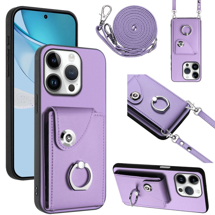 For iPhone 16 Pro Organ Card Bag Ring Holder Phone Case with Long Lanyard(Purple) by buy2fix