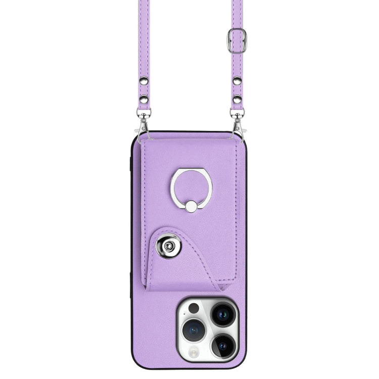 For iPhone 16 Pro Organ Card Bag Ring Holder Phone Case with Long Lanyard(Purple) by buy2fix