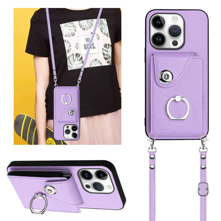 For iPhone 16 Pro Organ Card Bag Ring Holder Phone Case with Long Lanyard(Purple) by buy2fix
