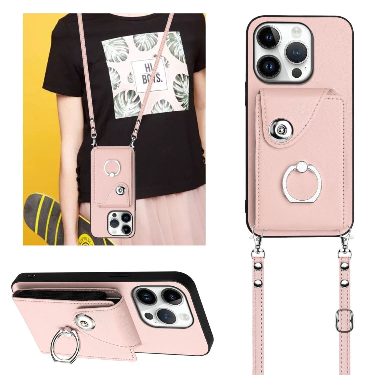 For iPhone 16 Pro Organ Card Bag Ring Holder Phone Case with Long Lanyard(Pink) by buy2fix