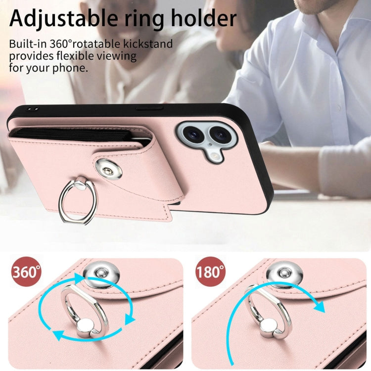 For iPhone 16 Plus Organ Card Bag Ring Holder Phone Case with Long Lanyard(Pink) - iPhone 16 Plus Cases by buy2fix | Online Shopping UK | buy2fix