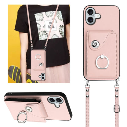 For iPhone 16 Plus Organ Card Bag Ring Holder Phone Case with Long Lanyard(Pink) - iPhone 16 Plus Cases by buy2fix | Online Shopping UK | buy2fix