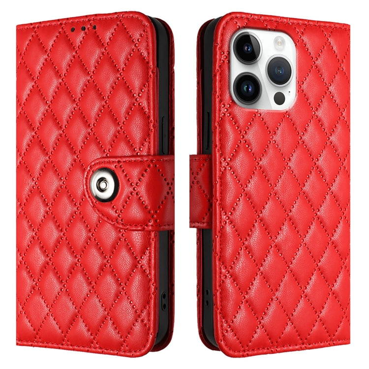 For iPhone 16 Pro Max Rhombic Texture Flip Leather Phone Case with Lanyard(Red) by buy2fix