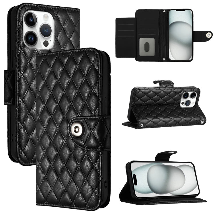 For iPhone 16 Pro Max Rhombic Texture Flip Leather Phone Case with Lanyard(Black) by buy2fix