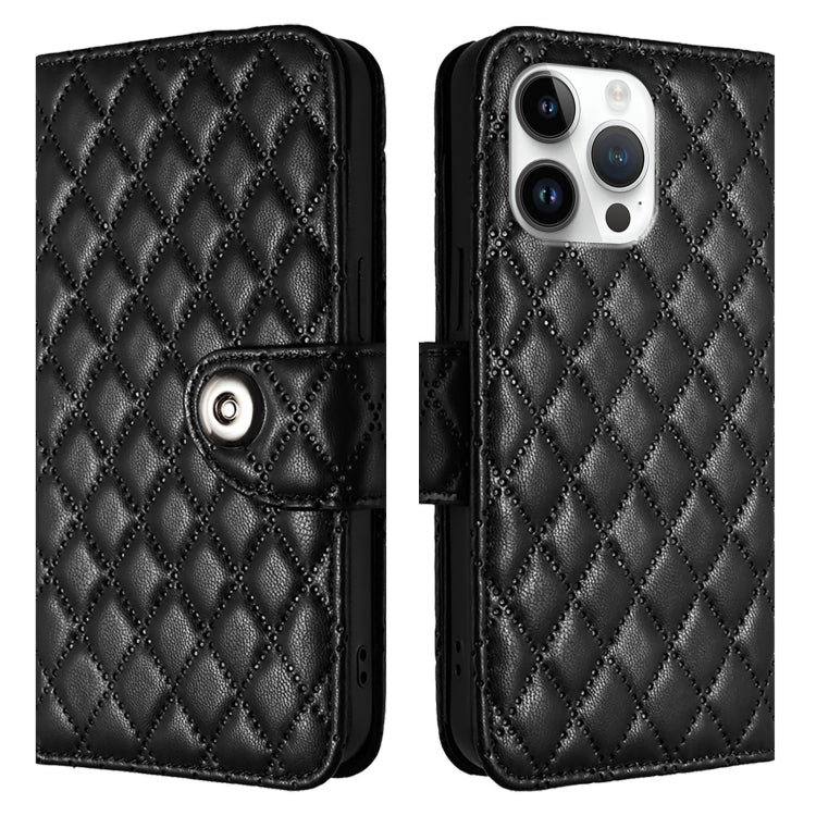 For iPhone 16 Pro Max Rhombic Texture Flip Leather Phone Case with Lanyard(Black) by buy2fix