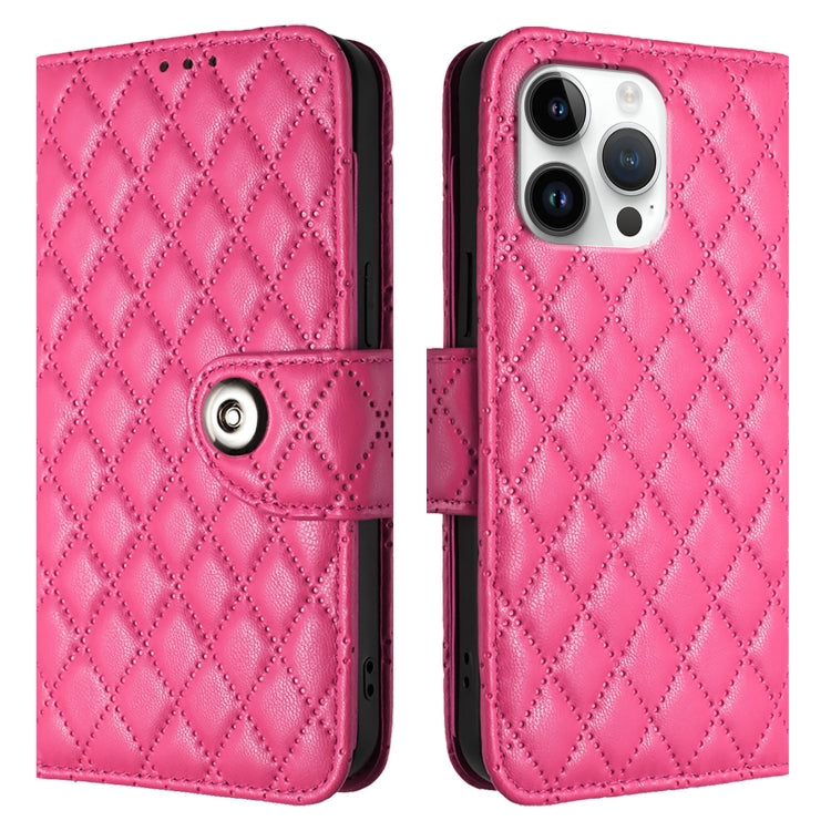 For iPhone 16 Pro Max Rhombic Texture Flip Leather Phone Case with Lanyard(Rose Red) by buy2fix