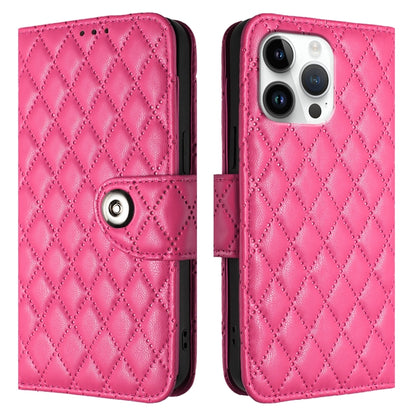 For iPhone 16 Pro Max Rhombic Texture Flip Leather Phone Case with Lanyard(Rose Red) by buy2fix