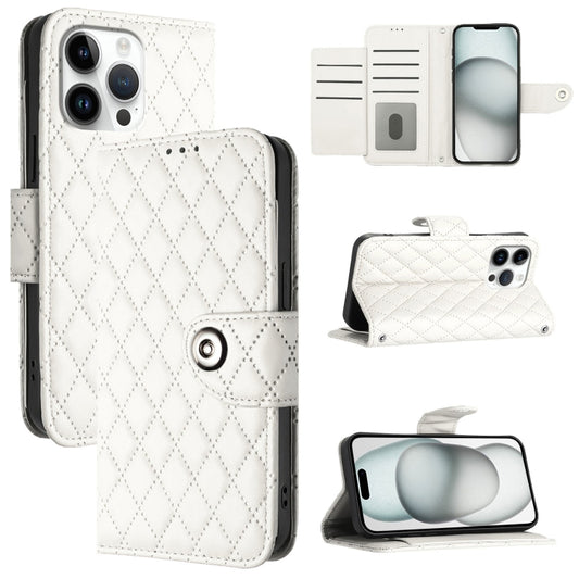 For iPhone 16 Pro Max Rhombic Texture Flip Leather Phone Case with Lanyard(White) by buy2fix