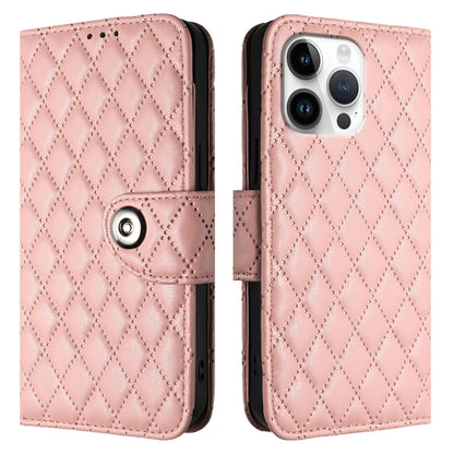 For iPhone 16 Pro Max Rhombic Texture Flip Leather Phone Case with Lanyard(Coral Pink) by buy2fix