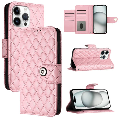 For iPhone 16 Pro Max Rhombic Texture Flip Leather Phone Case with Lanyard(Pink) by buy2fix
