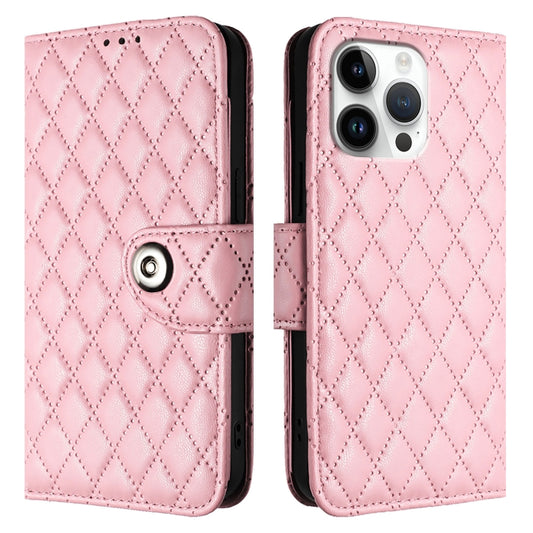 For iPhone 16 Pro Max Rhombic Texture Flip Leather Phone Case with Lanyard(Pink) by buy2fix