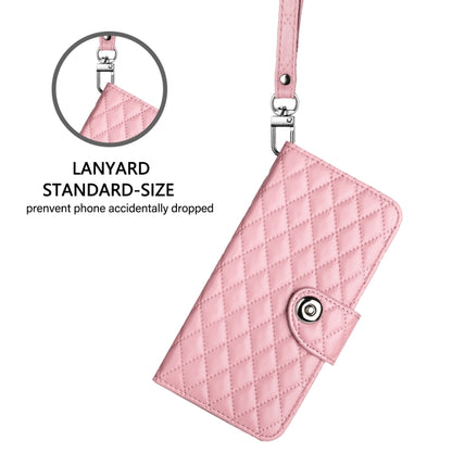 For iPhone 16 Pro Max Rhombic Texture Flip Leather Phone Case with Lanyard(Pink) by buy2fix