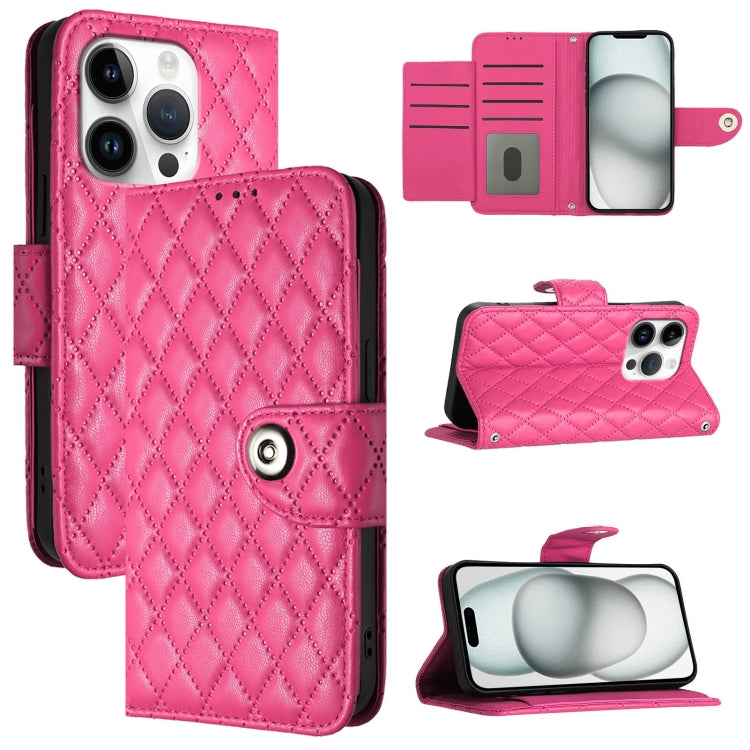 For iPhone 16 Pro Rhombic Texture Flip Leather Phone Case with Lanyard(Rose Red) by buy2fix