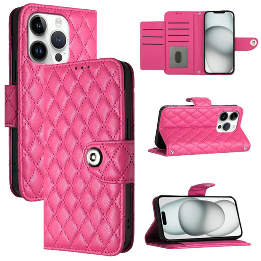 For iPhone 16 Pro Rhombic Texture Flip Leather Phone Case with Lanyard(Rose Red) by buy2fix